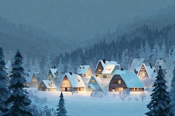Cozy illuminated dwellings nestle within a heavily snow-covered alpine forest landscape during twilight