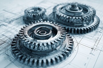 Industrial metallic components overlap detailed engineering schematics in cool monochrome tones