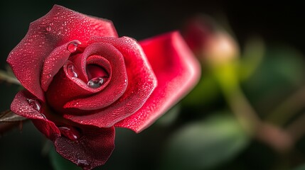 Red Rose with Dew in Bloom