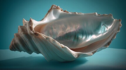 Iridescent Conch Shell on Teal Background