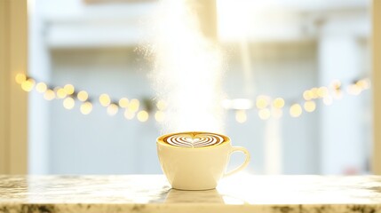 Steaming Latte with Heart Art in Sunlight