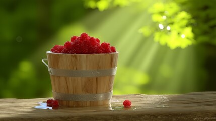Fresh Raspberries in Wooden Bucket Outdoors