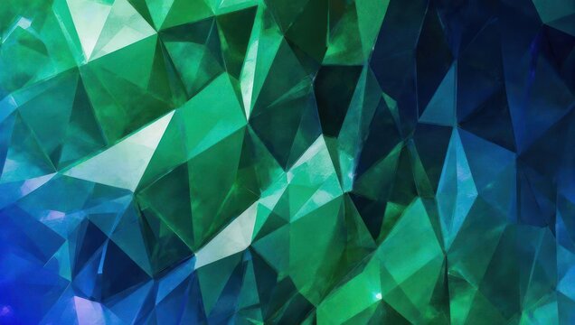 Abstract geometric crystal shapes in shades of green and blue.