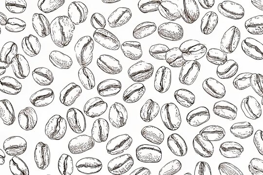 Hand drawn illustration of scattered roasted coffee beans creates a continuous background pattern
