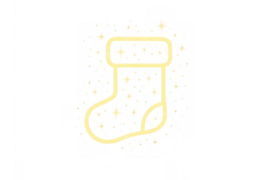 Christmas stocking glowing with golden sparkles, neon holiday icon for festive season design on transparent background