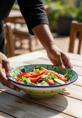 Naklejka premium Close-up of a woman's hands placing a fresh salad on an outdoor wooden table. Healthy eating and al fresco dining concept