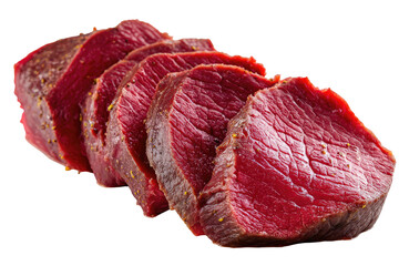 Fototapeta premium Slices of raw, reddish-pink meat, seasoned with specks