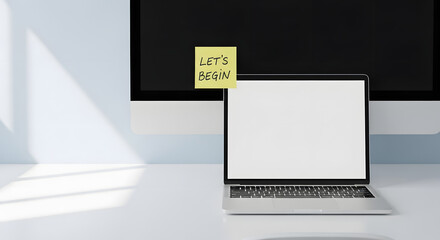 Laptop monitor and sticky note on desk. Suitable for digital marketing campaigns, website design, and remote work concepts.