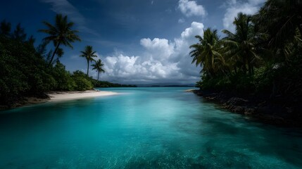Serene tropical inlet with clear turquoise water palm trees and sandy shore under a bright sky