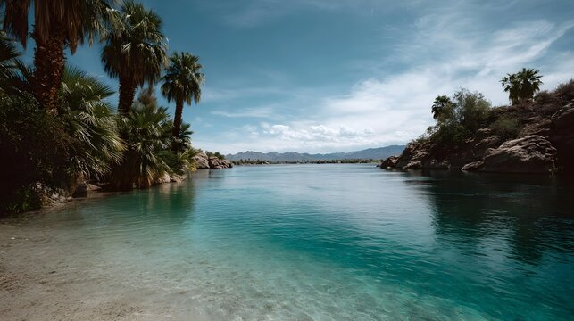 A serene tropical oasis with clear turquoise water lush palm trees and distant mountains under a bright blue sky
