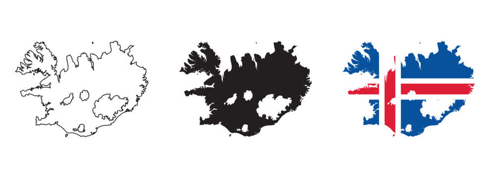 Iceland map vector set with editable country outline black silhouette and national flag design featuring blue red and white cross isolated on white background for geography and education projects