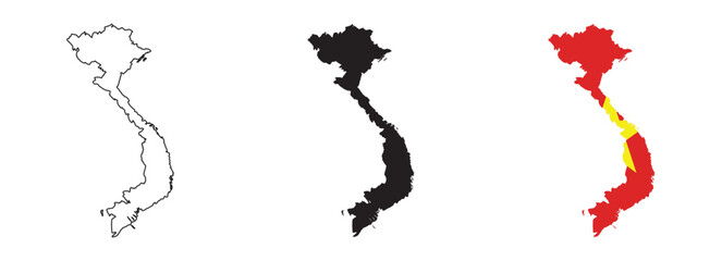 Vietnam map vector set with editable country outline black silhouette and national flag design featuring red background and yellow star isolated on white background for education and geography © Hamzayounas