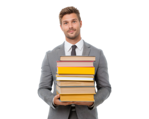 Confident Young Businessman Holding a Stack of Books isolated on a transparent background