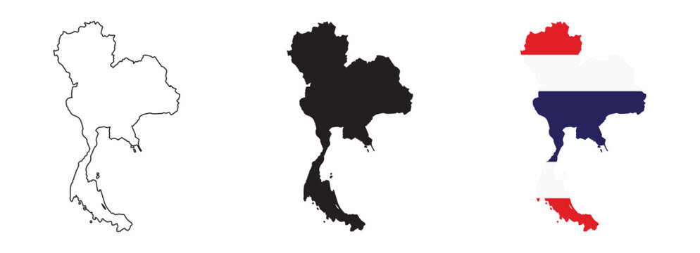 Thailand map vector set with editable country outline black silhouette and national flag design featuring red white and blue horizontal stripes isolated on white background for geography