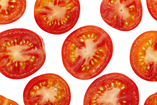 Slices of vibrant red tomatoes arranged in a circular pattern, showcasing their juicy interiors on a dark background