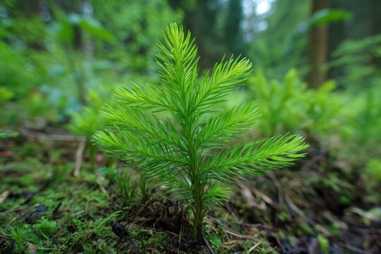 Club Moss Closeup in Evergreen Forest: Natural Green Lycopodiums Fresh Growth