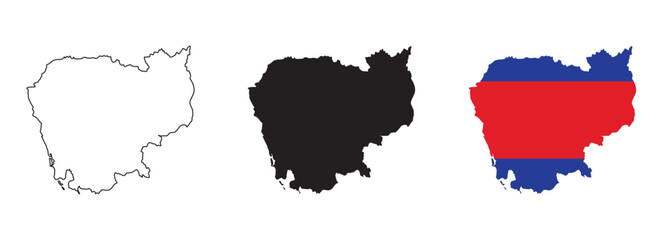 Cambodia map vector set with editable country outline black silhouette and national flag design featuring red blue stripes with Angkor Wat symbol isolated on white background for geography