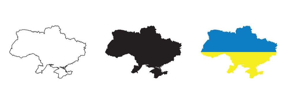 Ukraine map vector set with editable country outline black silhouette and national flag design featuring blue and yellow horizontal stripes isolated on white background for geography and education use