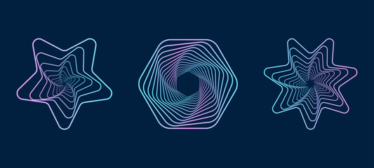 Twisted colored spiral. Curved wireframe tunnel. Vector technology logo element.