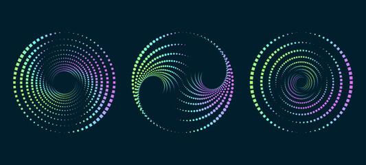 Twisted colored spiral. Curved wireframe tunnel. Vector technology logo element.