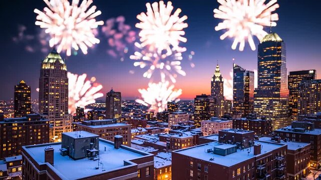 Fireworks explode over a snowy city skyline at dusk with tall buildings and illuminated windows