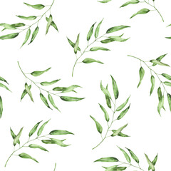 Fototapeta premium Watercolor seamless pattern with green eucalyptus leaves on white background. Elegant botanical illustration for fabric, wrapping paper, wedding invitations, and eco designs.