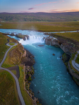 Aerial view of Godafoss waterfall in northern Iceland