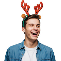 Smiling Man Wearing Reindeer Antler Headband on White Background