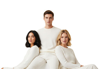 Three People in Matching White Outfits Posing Symmetrically on White Background