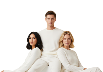 Three People in Matching White Outfits Posing Symmetrically on White Background