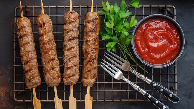 Delicious grilled lula kebab skewers with tomato sauce and fresh parsley