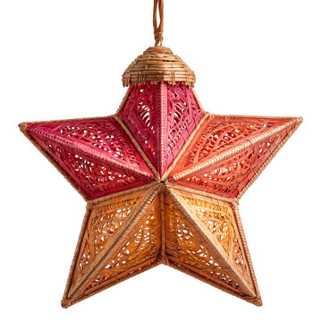 Intricate woven star lantern with warm colors hanging against a for festive decoration on transparent background