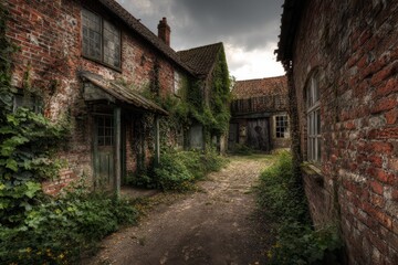 Obraz premium Creepy Alley. Old Abandoned House in the Countryside, Scary and Empty