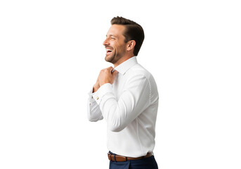 Smiling Man Adjusting White Dress Shirt in Profile View on White Background