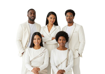 Group Portrait of Five People in Coordinated White Outfits on White Background