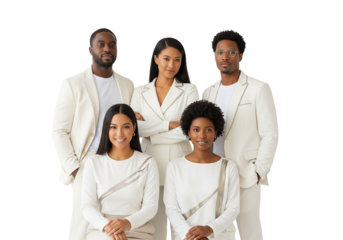 Group Portrait of Five People in Coordinated White Outfits on White Background