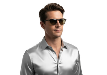Stylish Person in Silver Satin Shirt and Sunglasses on White Background