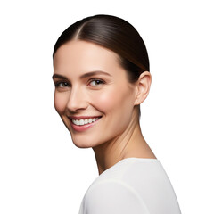 Smiling Woman Looking Over Shoulder in White Top on White Background
