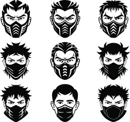 Collection of fierce masked warrior faces in black and white
