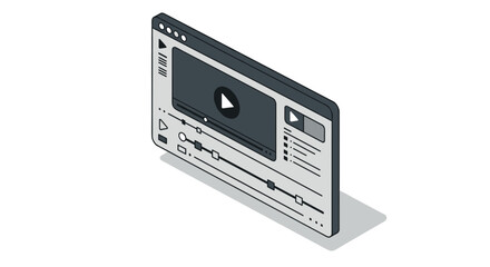 Isometric media player interface with play button and controls