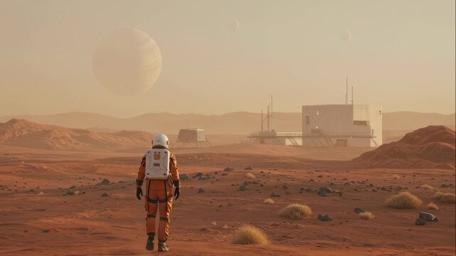 Man astronaut walking on alien planet surface towards space station base with desert landscape and large planet in sky