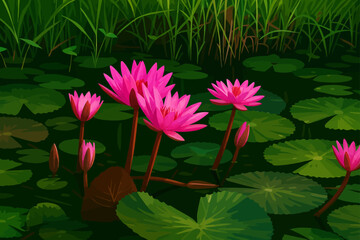 A peaceful pond scene filled with vibrant pink water lilies blooming among wide green lily pads. The flowers stand tall above the dark, still water, surrounded by lush reeds and aquatic plants. The at