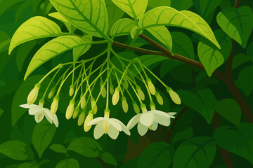 A close-up view of delicate white flowers hanging gracefully from thin green stems amid lush foliage. The small blossoms and buds are surrounded by vibrant green leaves, illuminated by soft natural li