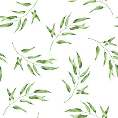 Watercolor seamless pattern with green eucalyptus leaves on white background. Elegant botanical illustration for fabric, wrapping paper, wedding invitations, and eco designs.