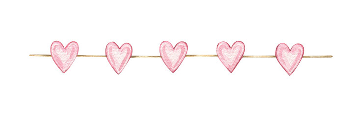 Watercolor garland with hearts. Illustration of a cute garland with pink hearts. Straight garland of hearts on a string. Valentine's Day design and decoration.