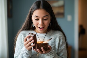 Surprised teenage girl looking into a glowing magic box with an expression of wonder. Young woman discovering a secret treasure or a special gift