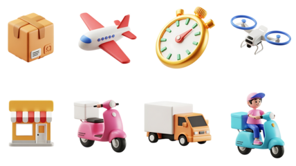 Delivery 3d cartoon vector icon set. Parcel, airplane, stopwatch, drone, online shop, scooter, truck, courier