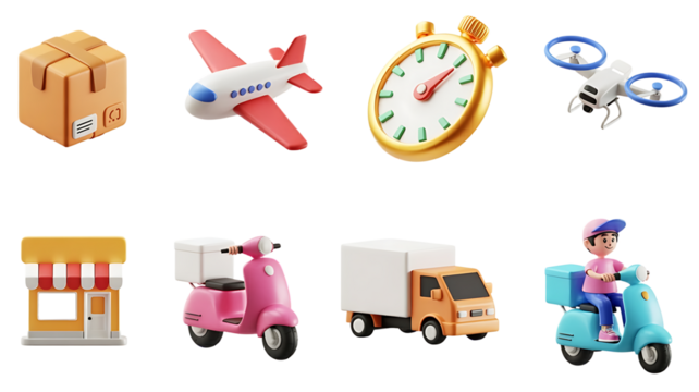 Delivery 3d cartoon vector icon set. Parcel, airplane, stopwatch, drone, online shop, scooter, truck, courier