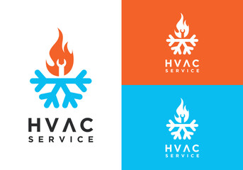 HVAC fan and flame vector logo design. Simple modern HVAC design, Snowflake vector design concept for heating, cooling and conditioning.