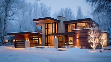 modern house exterior covered with snow evening light
